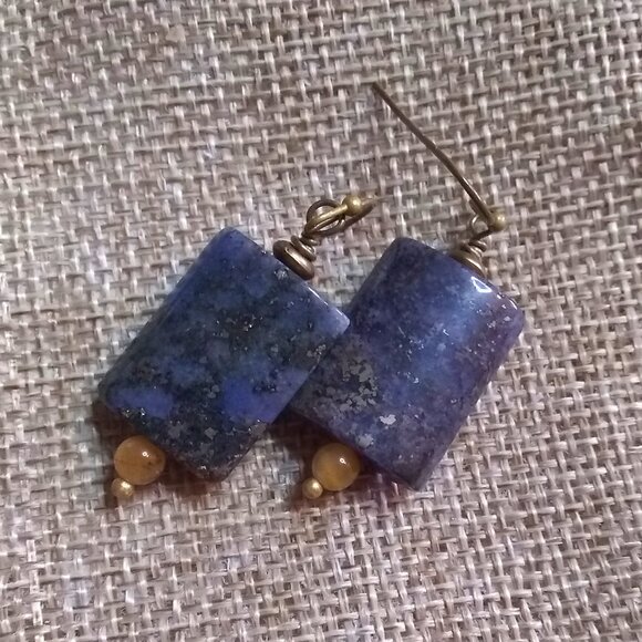 Hand Crafted Jewelry - Minimalist! Night Sky + Stars! Deep Blue Speckled Jasper Earrings